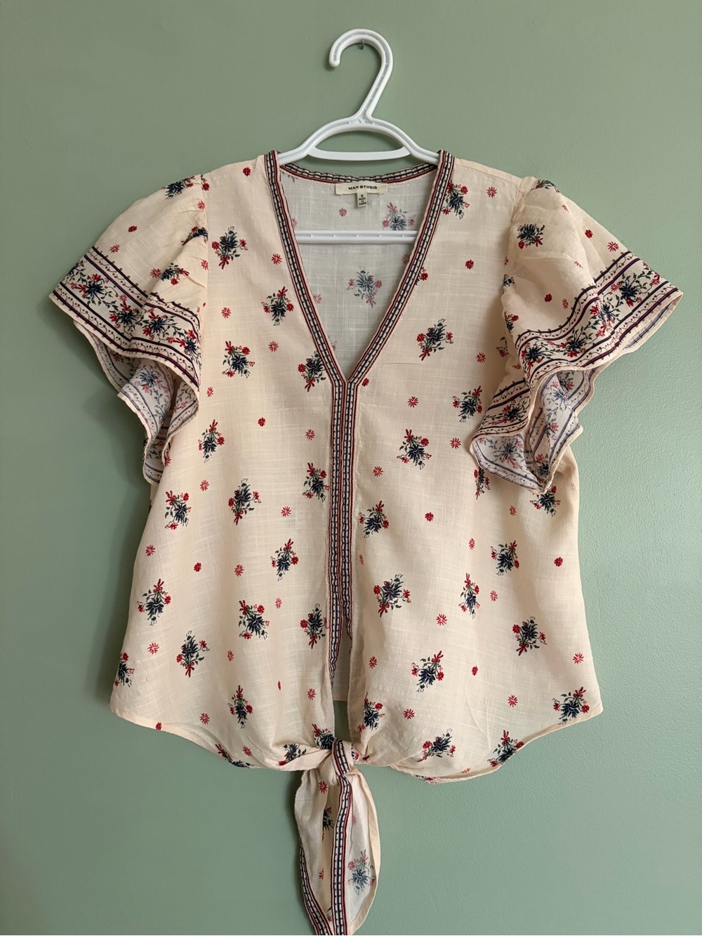 Max Studio Floral Flutter Sleeve Tie Blouse S Cotton Rayon Boho Top Cottagecore